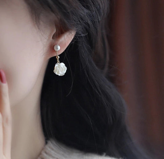 White rose pearl drop earrings