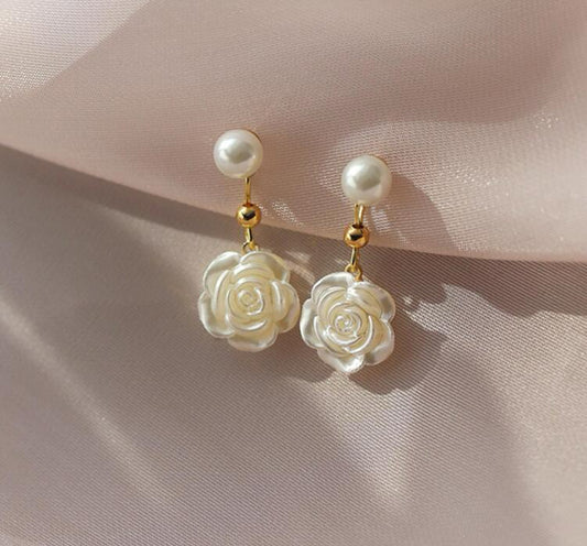 White rose pearl drop earrings