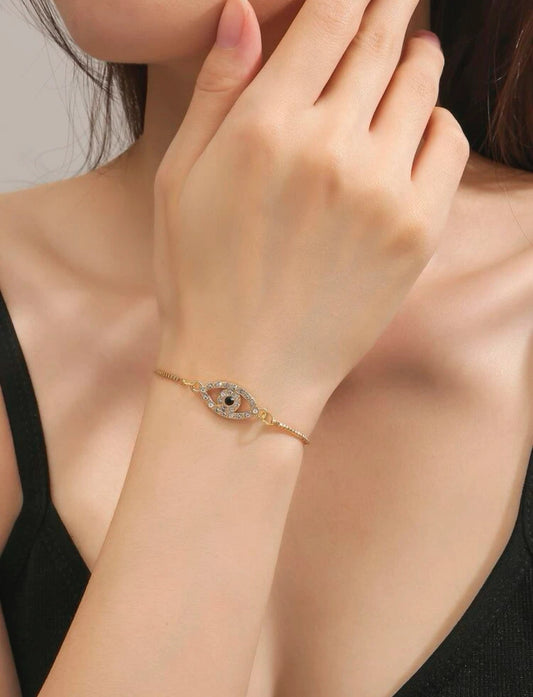 14K Gold Evil Eye Bracelet, Cuban Link Chain Evil Eye Bracelet, Dainty Bracelet.