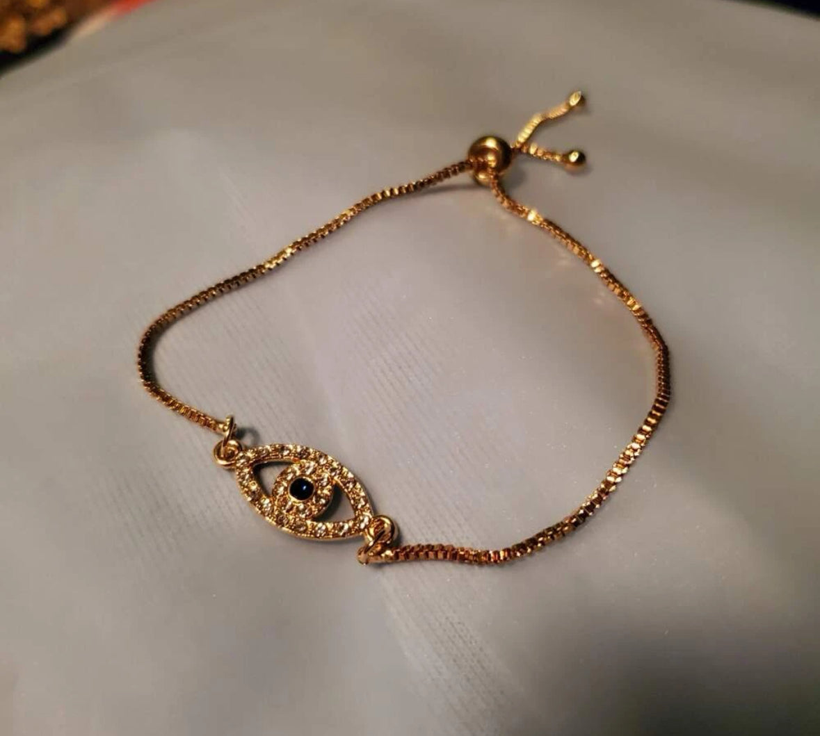 14K Gold Evil Eye Bracelet, Cuban Link Chain Evil Eye Bracelet, Dainty Bracelet.