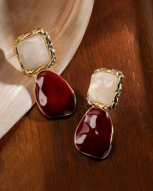 Atmospheric Asymmetrical Burgundy Square Earrings Of Individuality & Retro Style