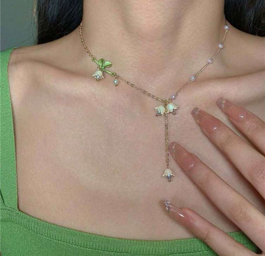 White Lily Flower Necklace Green Fresh Forest Style Flower 🌸