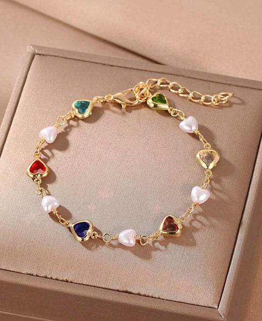 Colourful pearl bracelet, freshwater pearl beaded heart charm bracelet.