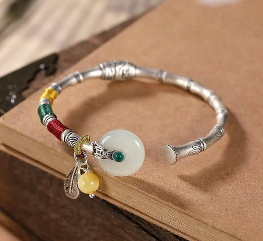 Three-dimensional craft new silver inlaid natural Hetian chalcedony bracelet ethnic style art classic creative jewelry