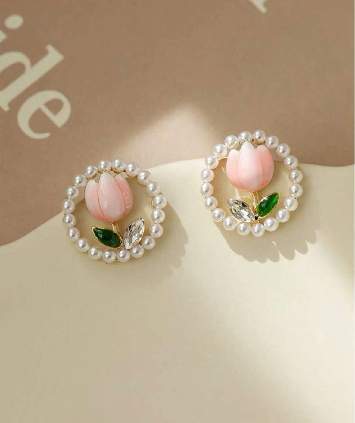 Pink Flower Pearl Stud Earrings