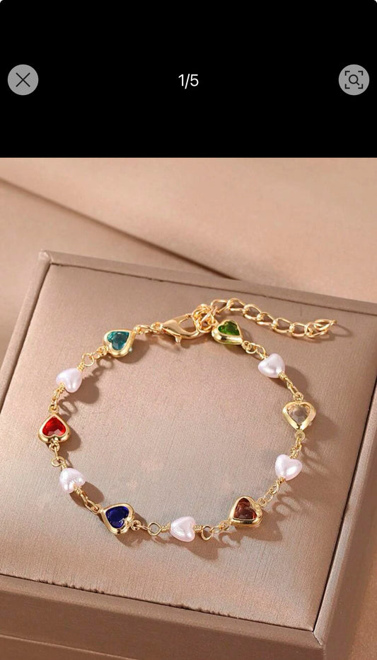 Colourful pearl bracelet, freshwater pearl beaded heart charm bracelet.
