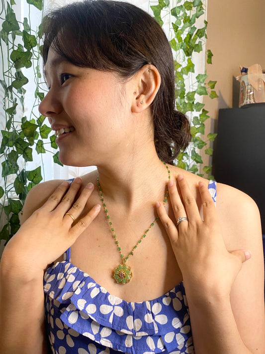Real crystal adorned green jade flower necklace