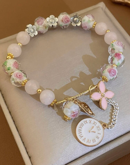 Pink Flower charm beaded bracelet