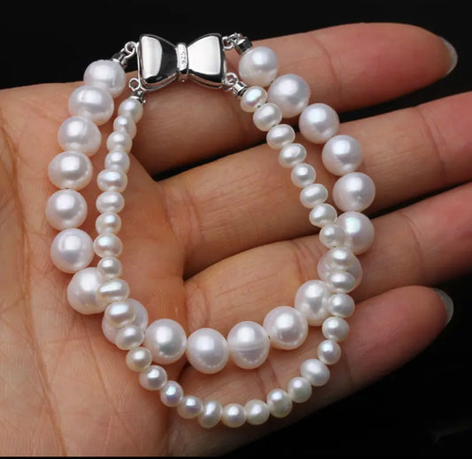 Wedding Round Natural Freshwater Double Pearl Bracelet Women,White Fashion Cute 925 Silver Bracelet Anniversary Gift