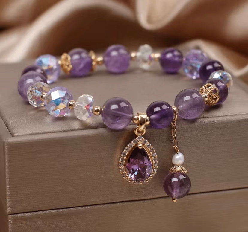 14K Gold Plated Beaded Bracelet Water Drop Shape Synthetic Gemstones Pendant Elegant Hand Jewelry