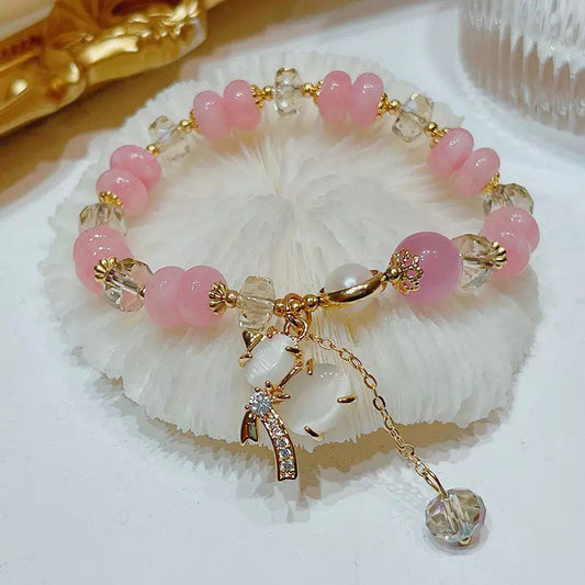 Lucky Gourd Cats Eye Stone Pink Crystal Beaded Bracelets