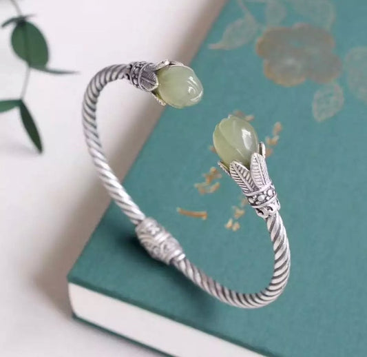 Natural Hetian Jade Gray Jade Magnolia Bracelet for women.