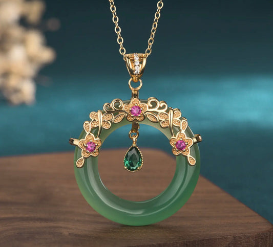 Jade Crystal Pendant Necklace Charm 18K Gold Plated Donut Ring Dainty Gemstone