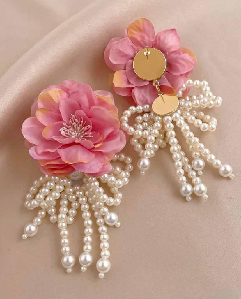 Pink flower with real pearl earrings