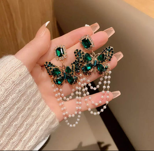 Vintage Luxury Green Rhinestone Bowknot Drop Earrings For Women Fashion Waterdrop Crystal Pendientes Jewelry