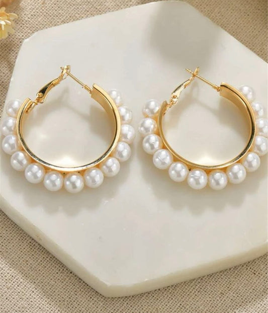 Large cute pearl hoop earrings