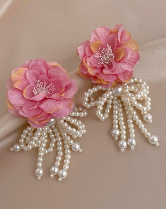 Pink flower with real pearl earrings