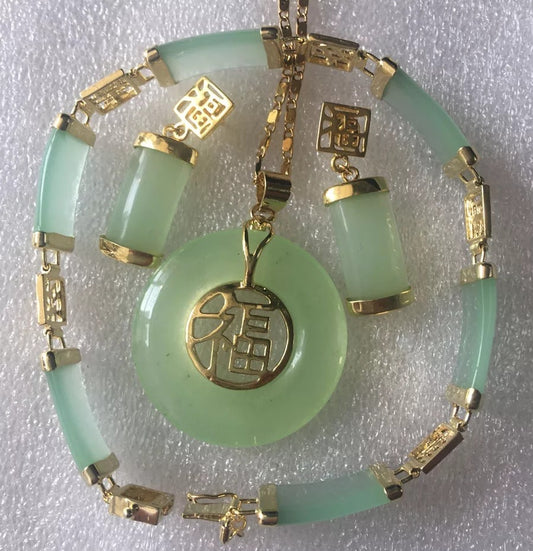 NATURAL GREEN JADE JADEITE CIRCLE DONUT PENDANT SET