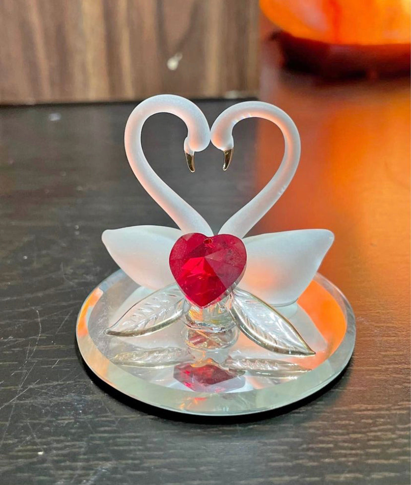 2x2” Vintage Glass Baron Glass Swan Figurine Mounted on Round Mirror Plate