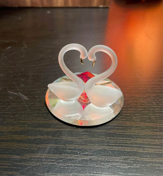 2x2” Vintage Glass Baron Glass Swan Figurine Mounted on Round Mirror Plate