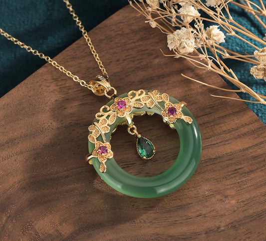 Jade Crystal Pendant Necklace Charm 18K Gold Plated Donut Ring Dainty Gemstone
