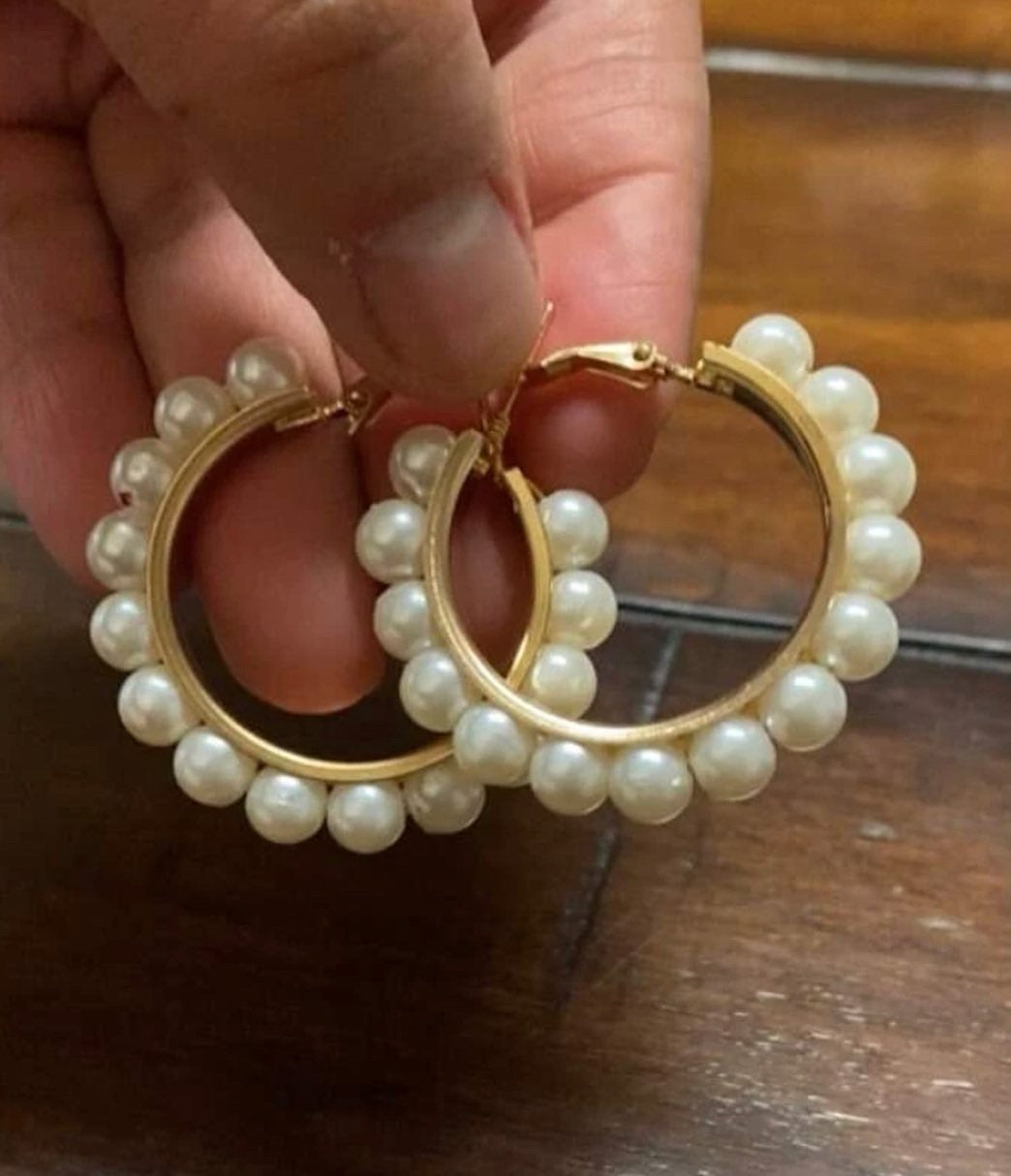 Large cute pearl hoop earrings