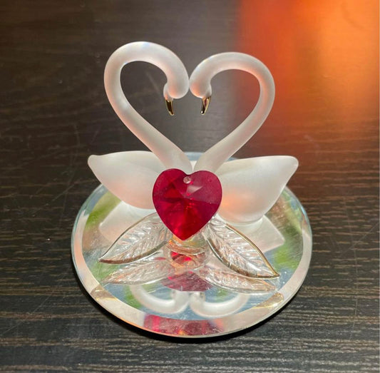 2x2” Vintage Glass Baron Glass Swan Figurine Mounted on Round Mirror Plate