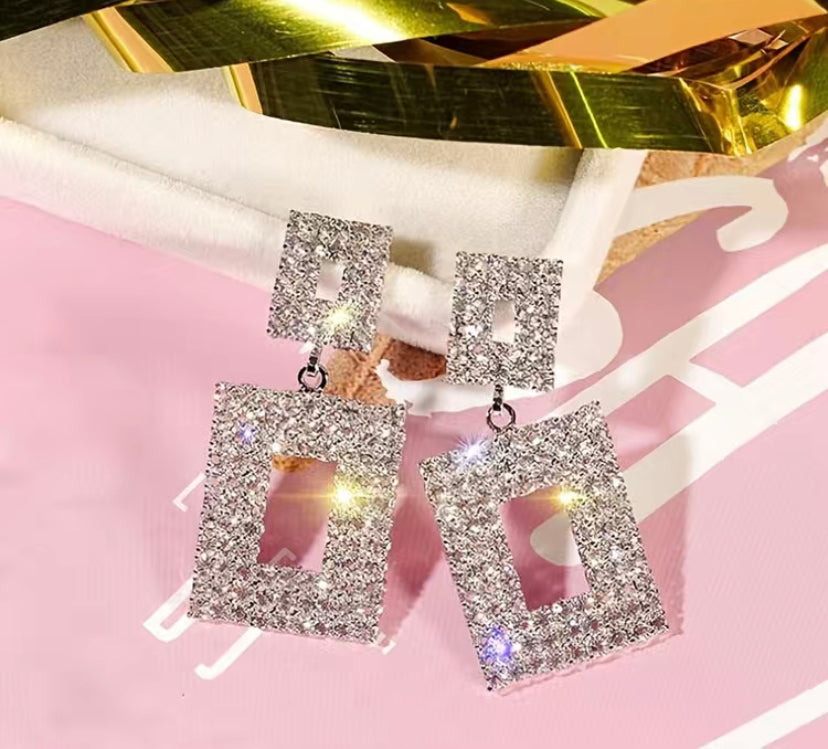 Glitter Rhinestone Geometric Square Stud Earrings Drop Earrings Wedding Crystal Earrings