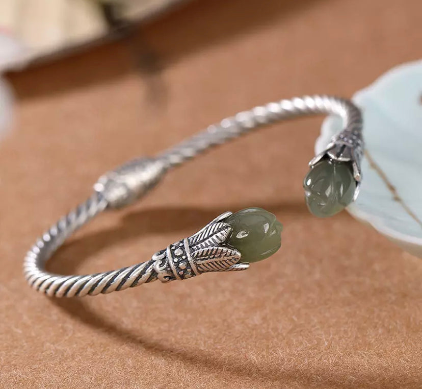Natural Hetian Jade Gray Jade Magnolia Bracelet for women.