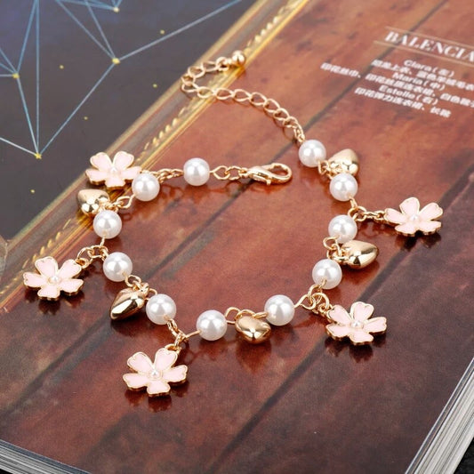 Pink Cherry Blossom Crystal Charm Sukura Cherry Flower Pendant Pearl Bracelets Gift For Women