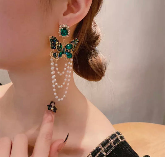 Vintage Luxury Green Rhinestone Bowknot Drop Earrings For Women Fashion Waterdrop Crystal Pendientes Jewelry