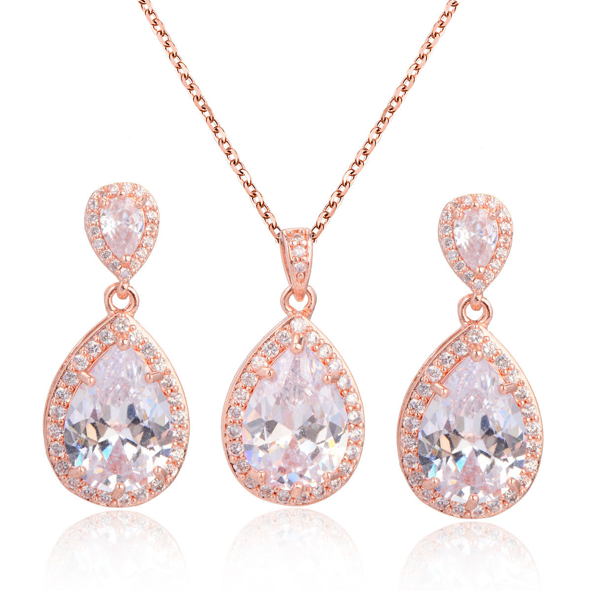 Bright Big Zircon Water Drops Necklace Eardrops Suit Bride Wedding Jewelry Simple Graceful