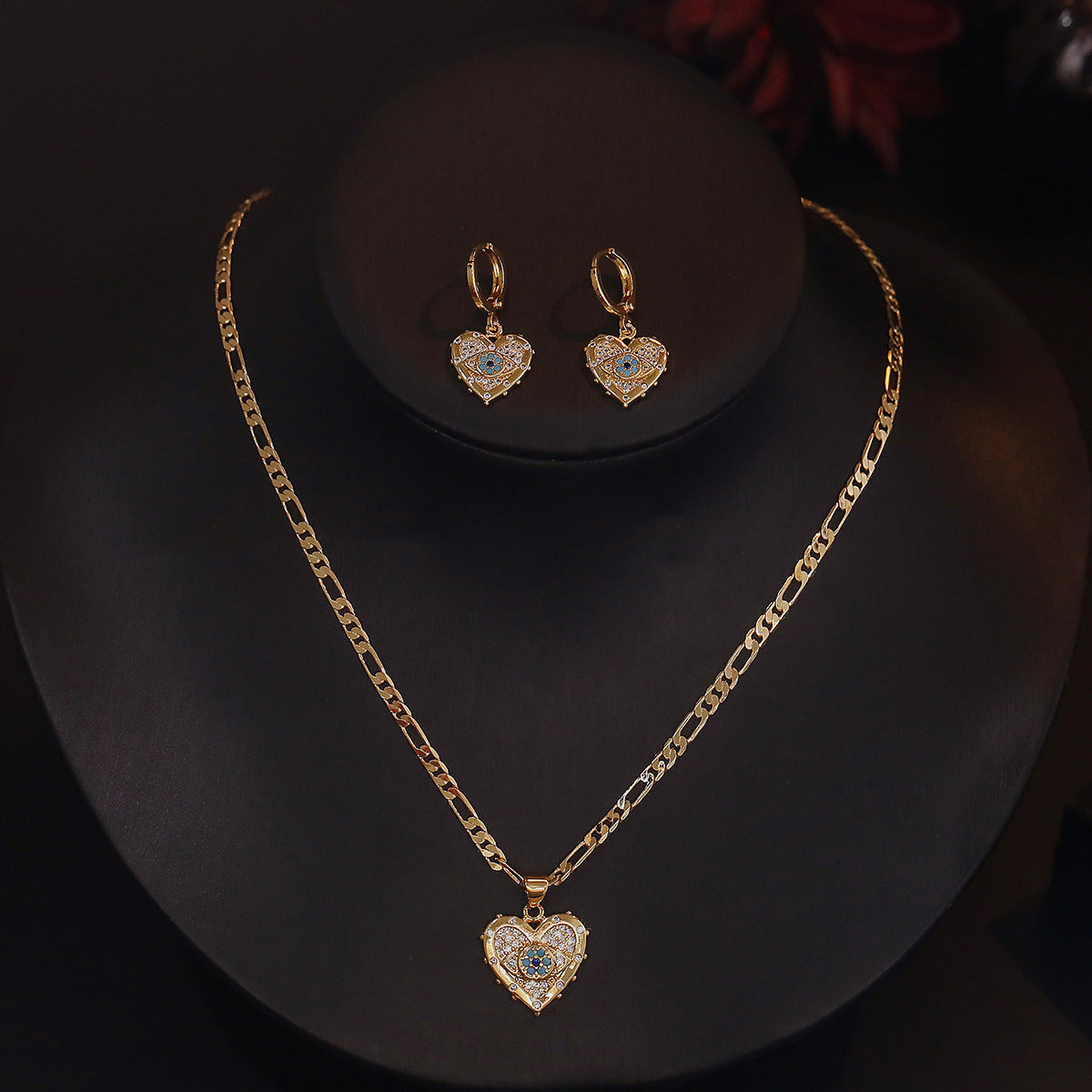 Fashion Jewelry Personality Copper Plated Real Gold Heart-shaped Zircon Pendant Necklace And Earrings Set