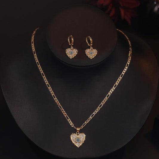 Fashion Jewelry Personality Copper Plated Real Gold Heart-shaped Zircon Pendant Necklace And Earrings Set