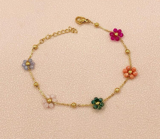 Fashionable & Cute Girls' New Titanium Steel Flower Beaded Bracelet.