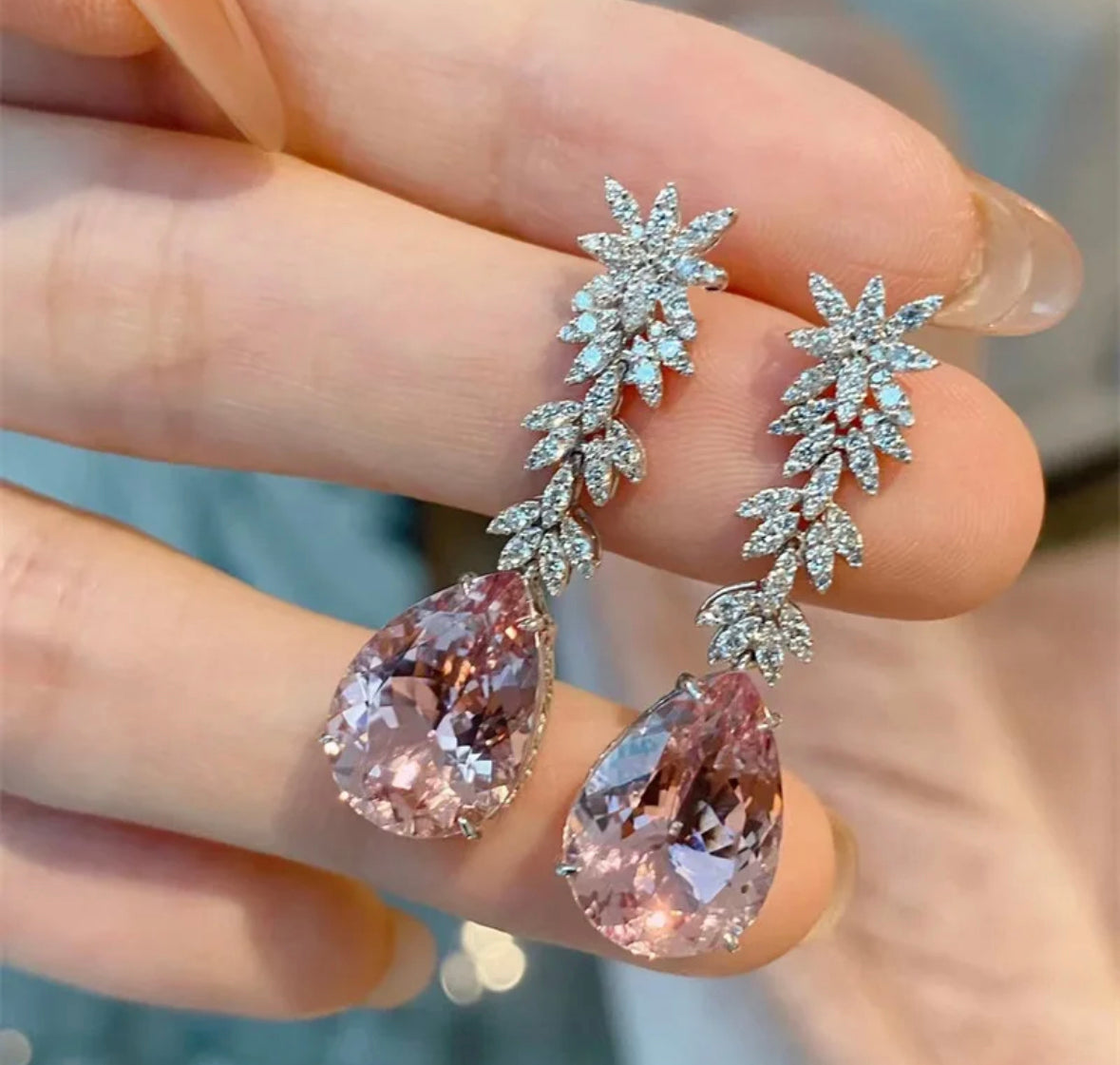 Pink Morganite Diamond Water Drop Earrings Female Elegant Long Pendant Earring