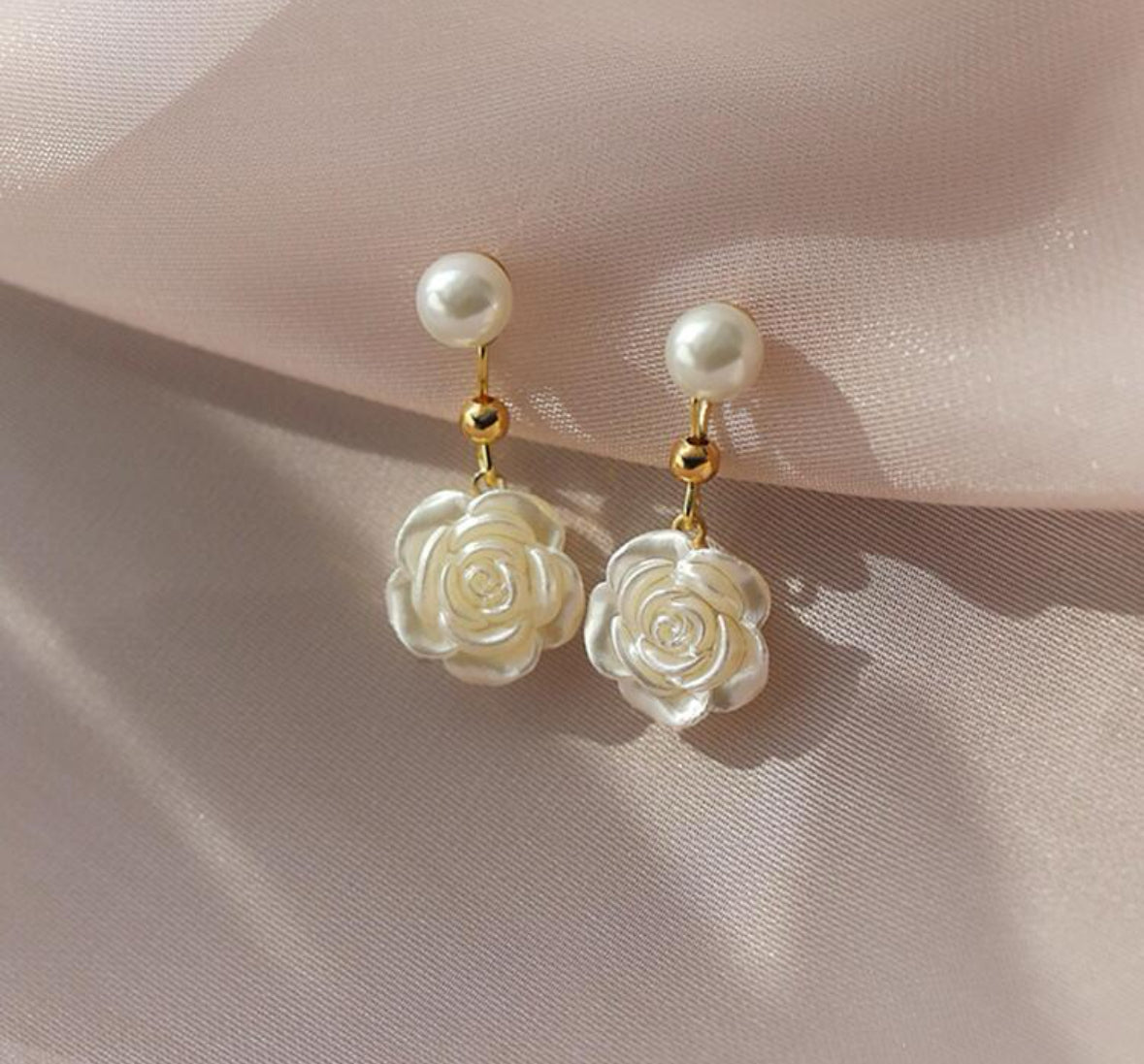 White rose pearl drop earrings