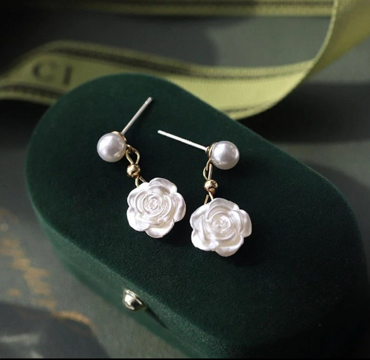 White rose pearl drop earrings