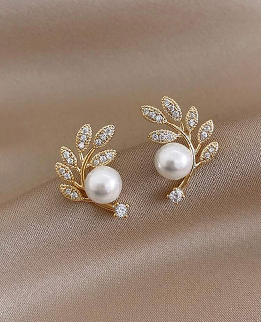 Elegant Pearl Stud Earrings Leaf Gold Pearl Earrings Bridesmaids Earrings Wedding Earrings Bridesmaids Jewelry Wedding Jewelry Gift for Her