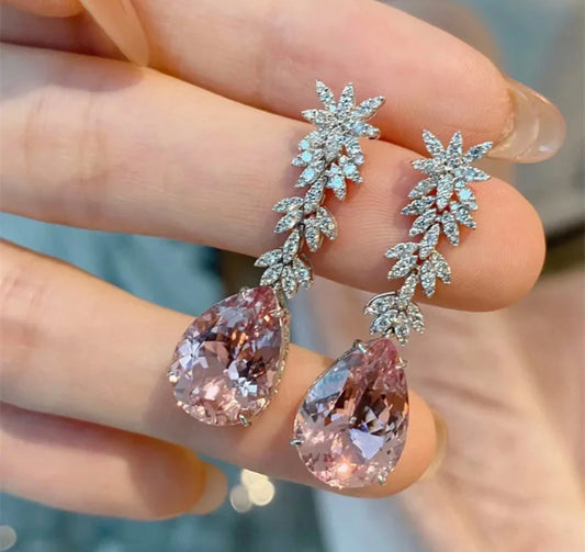 Pink Morganite Diamond Water Drop Earrings Female Elegant Long Pendant Earring