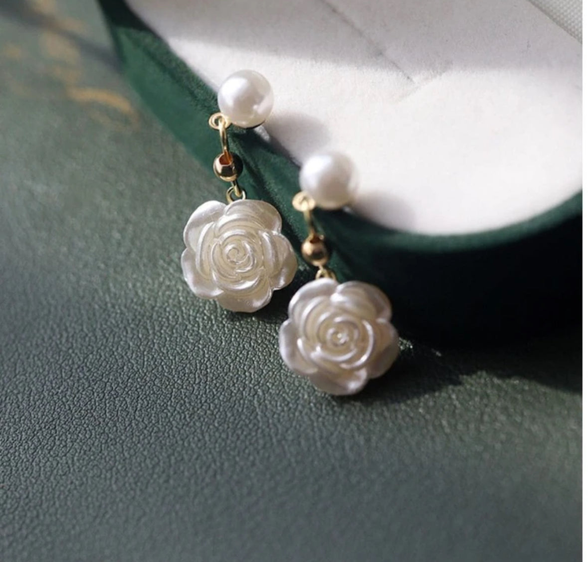 White rose pearl drop earrings