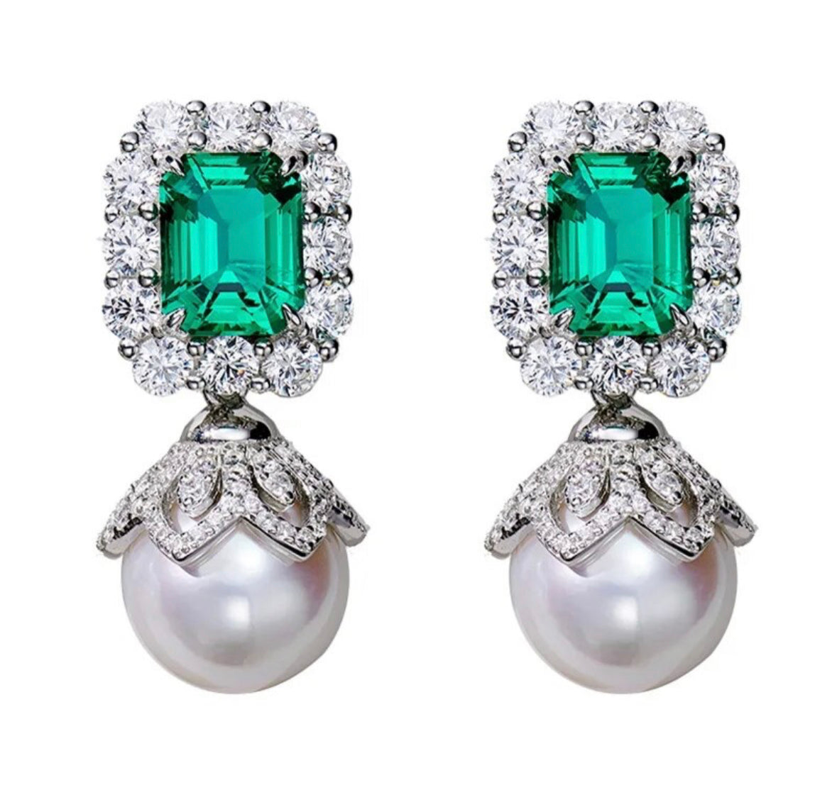 Vintage Sterling 925 Silver Freshwater Pearl Drop Earring Green CZ Stone Ladies Wedding Banquet Dangler Fine Jewelry.