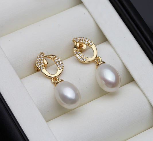 New Natural Freshwater Pearl Earrings For Women,Gold Palted Pearl Earrings Anniversary Gift White.