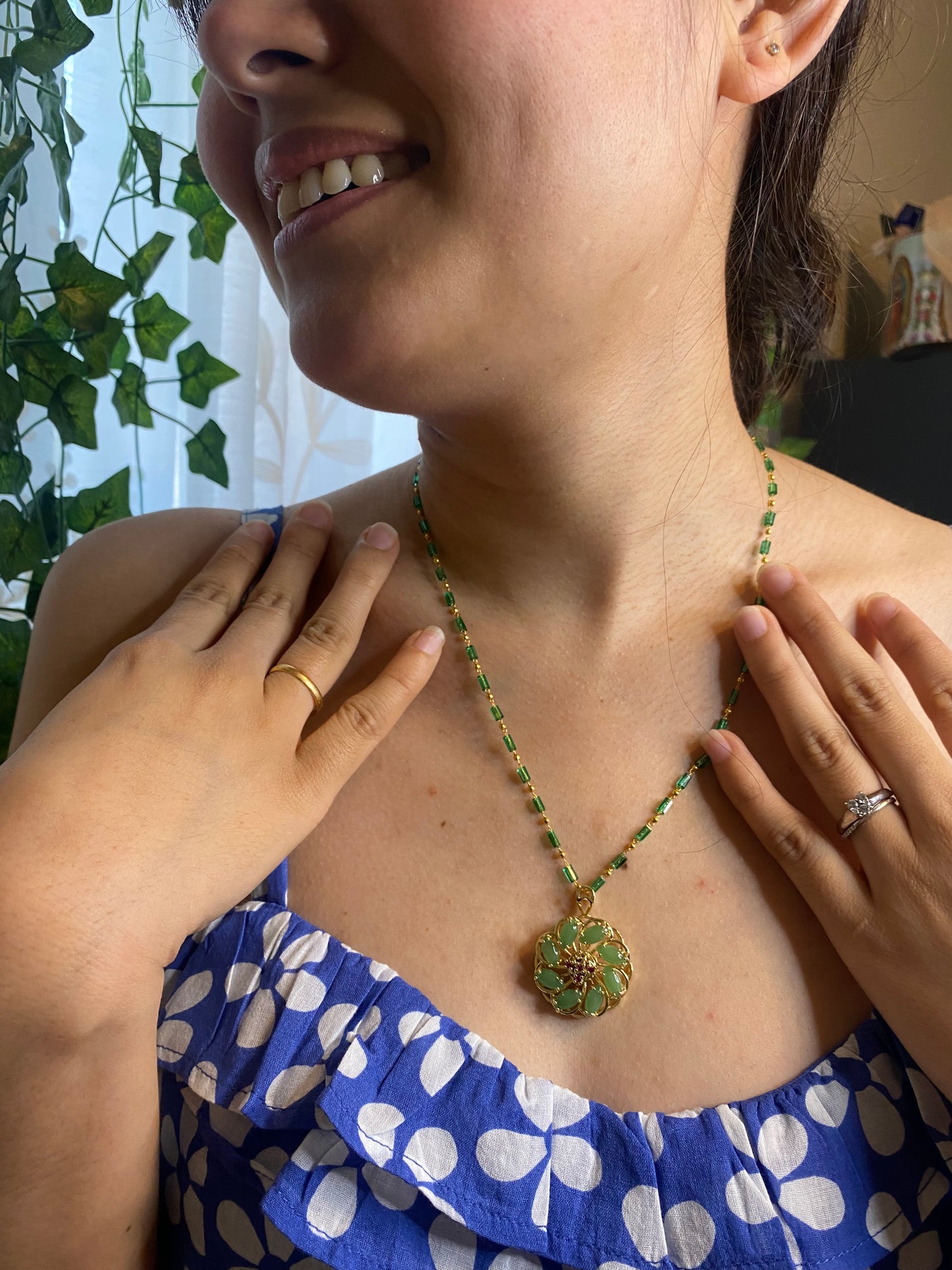 Real crystal adorned green jade flower necklace