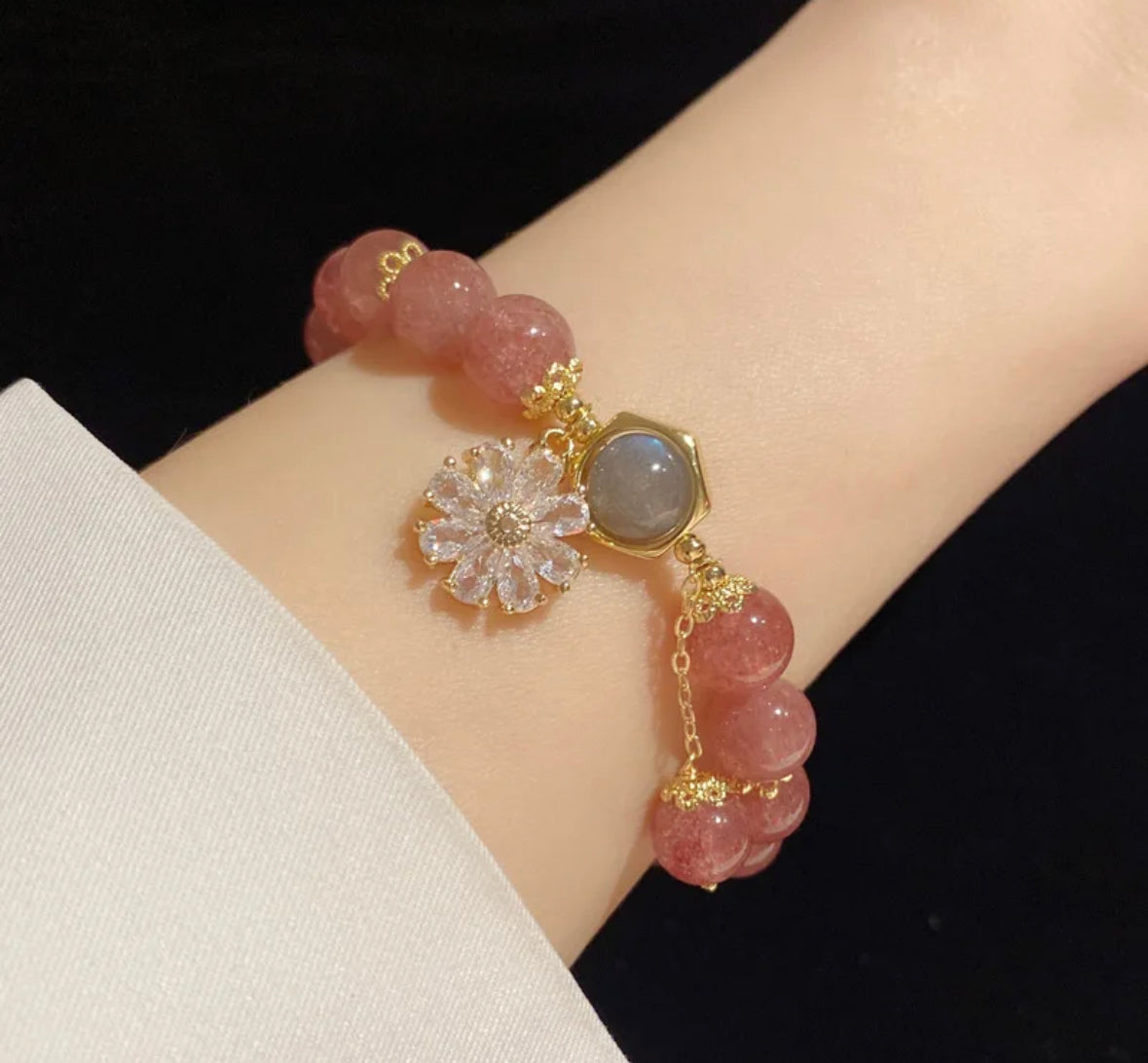 Ruifan Zircon Flower Natural Strawberry Quartz/Moonstone Crystals Strand Beaded Bracelets