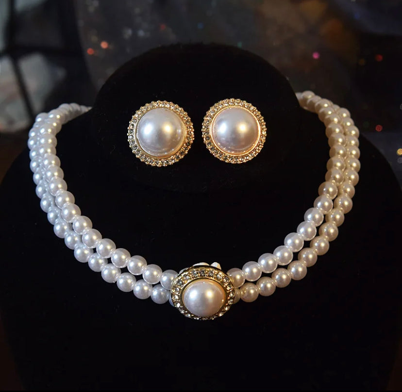 Women Elegant Pearl Double Layers Necklace Earrings