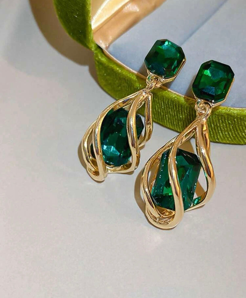 Geometric green gemstone and diamond drop earrings