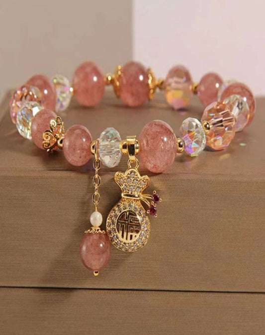 Fashionable Natural Crystal Rhinestone Decor Money Bag Charm Beaded Bracelet For Women For Daily