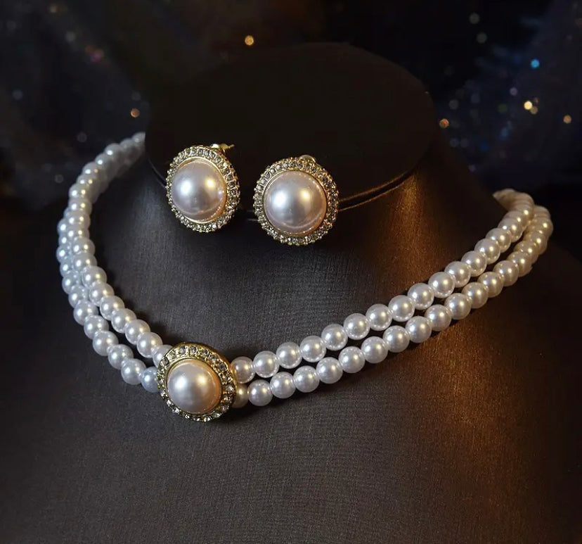 Women Elegant Pearl Double Layers Necklace Earrings