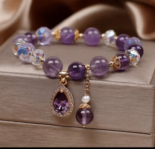 14K Gold Plated Beaded Bracelet Water Drop Shape Synthetic Gemstones Pendant Elegant Hand Jewelry